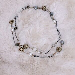 Vintage Crystal Smoky Topaz Metal and Faux Pearl Bauble Adjustable Necklace